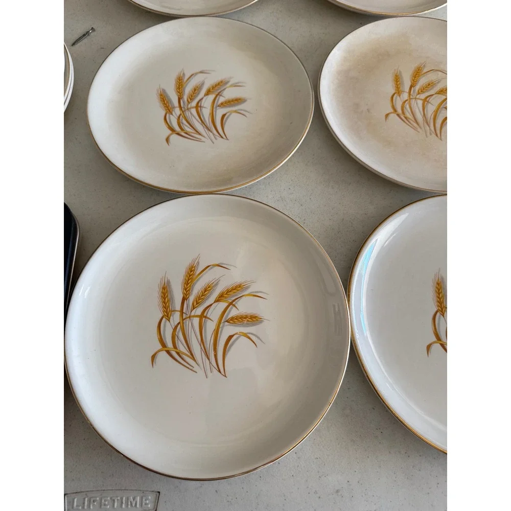 Vintage Golden Wheat Dinner Plates 22K Gold Trim USA Oven Proof Set of 6 10 inch